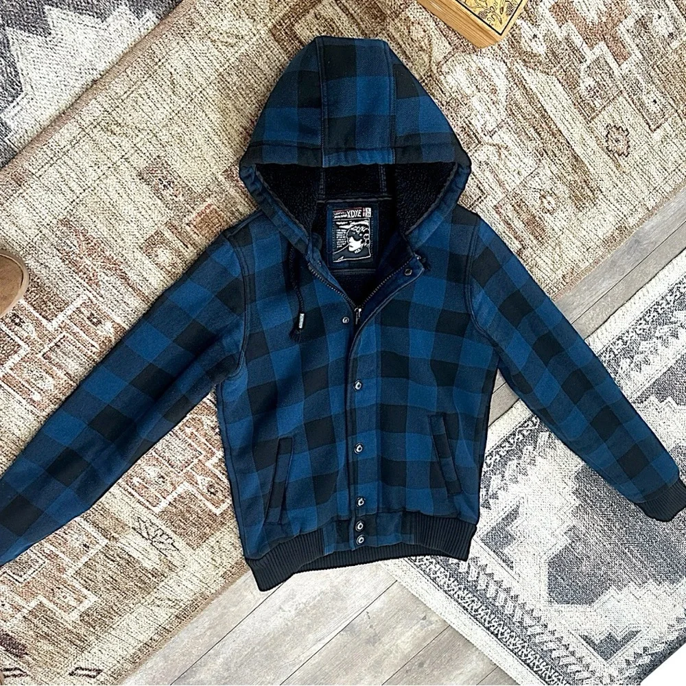 Vintage XDYE 90s Boys Blue Black Buffalo Plaid Hooded Zip Jacket Heavy Sz Small